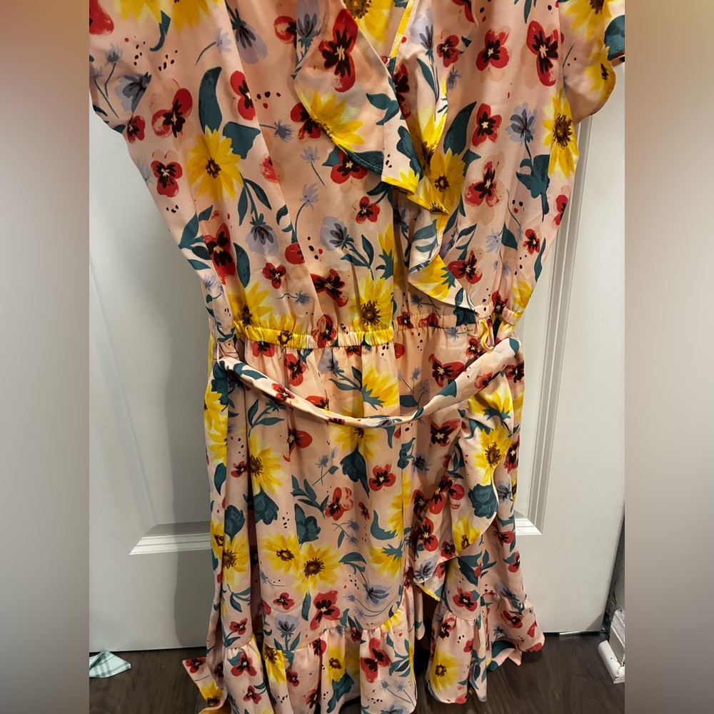 LC Lauren Conrad Yellow Pink Wrap Tie Front Midi Dress - Picture 5 of 5